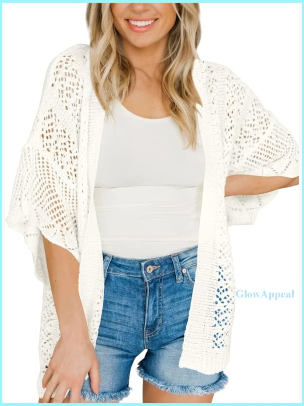 Lightweight Crochet Cardigan Oversized 3/4 Sleeve Open Front Summer Cover Up